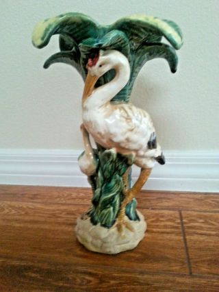 Vintage Heavy Majolica Crane Bird Vase Petals 12 1/2 "
