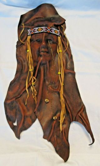 Vtg Leather Face Mask Handmade Artisan Signed Tribal Woman Crying Wall Hanging