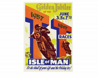 Vintage 1950s Motorcycle Poster Tt Races Isle Of Man Golden Jubilee Bsa Norton