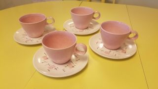Vintage (4) Vernon Ware Tickled Pink Coffee/tea Cups & Saucers Mid Century 1950s