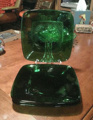 Vtg 4 Luncheon Plates Glass 8 3/8” Emerald Forest Green Anchor Hocking Charm