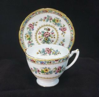 Vtg Coalport Ming Rose Footed Tea Cup & Saucer Flowers Scalloped Edge Bone China