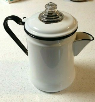 Vintage Camping Coffee Pot White Enamel Black Trim Glass Top Percolator
