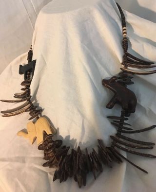 Gorgeous Vintage African Wooden Hand Carved Tribal Necklace With Safari Animals
