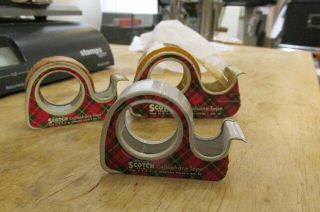 (3) Vintage Scotch Brand Plaid Design Metal Tape Dispensers Cellophane Tape