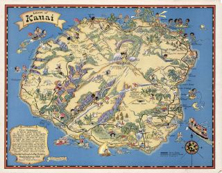 Historical Pictorial Map Hawaiian Island Of Kauai Vintage Wall Art Poster Print