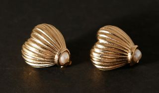 Vintage Gold Toned Signed Heart Shaped Grooved Givenchy Earrings - Clip On 3