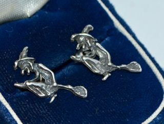 Vintage Sterling Silver Witch On A Broomstick Stud Earrings - Wiccan / Pagan