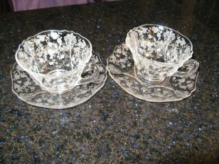 Set Of 2 Vintage Cambridge Rose Point Crystal Cups And Saucers Style 3900 Clear