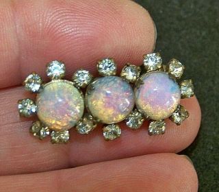 Vintage Jewellery Art Deco Fire Opal Dragons Breath & Rhinestone Bar Brooch Pin