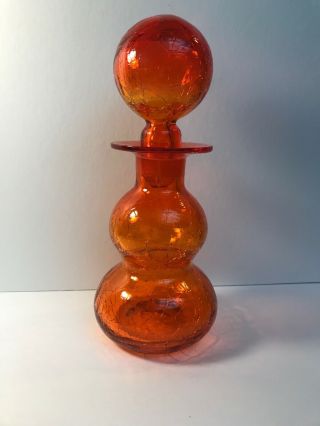 Vintage Rainbow Crackle Art Glass Decanter Orange Amberina With Ball Stopper