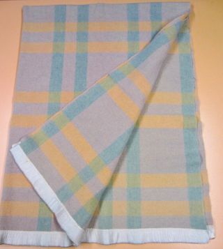 Vintage Peach Blue Plaid WOOL Blanket Twin Good For Upcycle Repurpose 52 