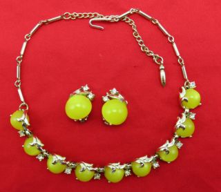 Coro Vintage Necklace Clip On Earring Set Yellow Lucite Clear Rhinestone 662k