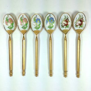 Vintage Set 6 Demitasse Spoons Enamel Bowl Flower Designs Metal Stems Coffee