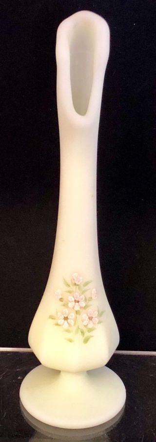 Vintage Fenton Satin Custard Glass Bud Vase - 8.  5 " Tall - Hand Painted & Signed