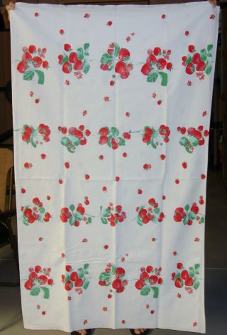 Vintage Tablecloth Red Berries Motif On White Cotton 54 " X 64 "