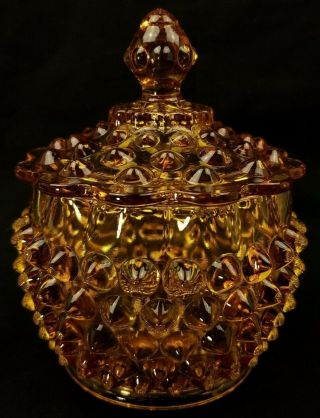 Vintage Amber Glass Fenton Hobnail Candy Dish / Trinket / Rose Bowl W/ Lid
