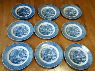 Vintage Currier & Ives " The Old Grist Mill " By Royal - Set Of 9 Dinner Plates