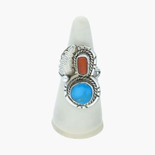 Navajo / Sterling Silver Vintage Turquoise Coral Feather / Ring 6.  75 (6.  5g)