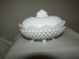 Vintage Fenton Oval Milk Glass Hobnail Footed Covered Candy Box Or Dish