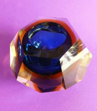 Murano Glass Paperweight,  Vintage Blue & Orange Faceted Glass Paper Weight