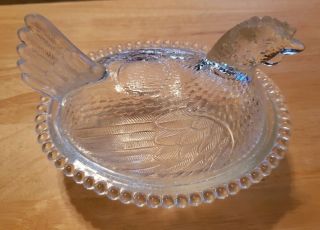 Vintage Hen Chicken On A Nest Candy Dish Crystal Clear Beaded Edge Indiana Glass