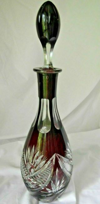 Vintage Bohemian Cranberry Red Cut To Clear Crystal Decanter.  Hand Made.  15 "
