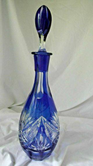 Vintage Bohemian Cobalt Blue Cut To Clear Crystal Decanter.  Hand Made.  15 "