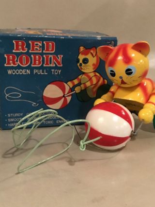 Vintage Red Robin Wooden Cat Pull Toy Japan