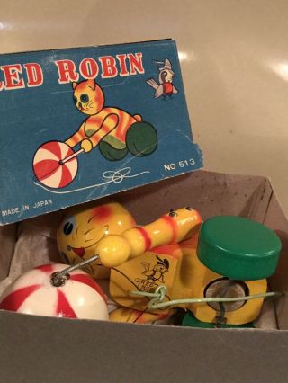 Vintage Red Robin Wooden Cat Pull Toy Japan 6