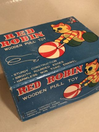 Vintage Red Robin Wooden Cat Pull Toy Japan 8