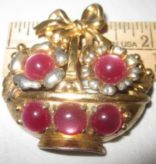 Vintage Signed Coro Gold Tone Basket Pink Moonglow Cabochon Flowers & Bow Pin