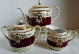 Vintage Crown China Gilded Aubergine Teapot Sugar & Creamer