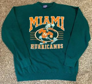 Vintage 1992 University Of Miami Hurricanes Green Crewneck Sweatshirt,  Sz Xl