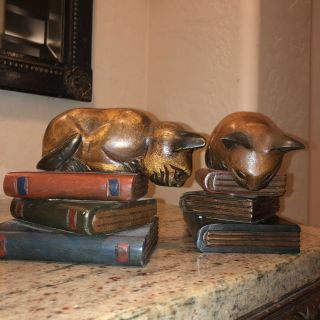Vintage Set Of Hand Carved Wood Book Ends Cat On Pile Of Books Thailand