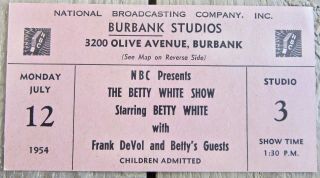 1954 Vintage Nbc The Betty White Tv Show Ticket Stub Burbank Studios Television