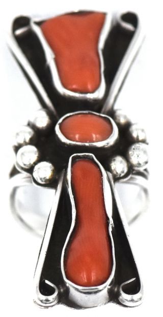 VINTAGE OLD PAWN SOUTHWEST SALMON CORAL RING SIZE 5.  5 HOURGLASS STERLING SILVER 4