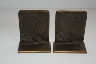 Set Of Vintage Bronze Native American Indian Profile Feather Band Bookends