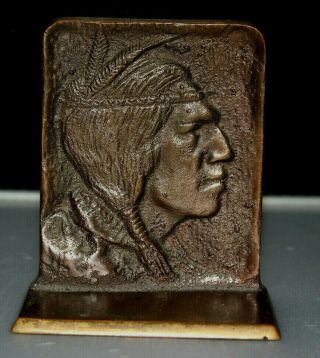 Set of Vintage Bronze Native American Indian Profile Feather Band Bookends 2