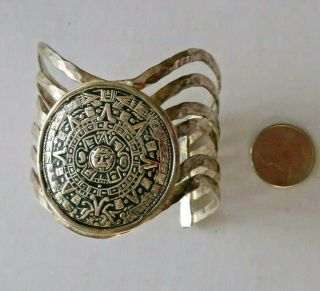 Vintage Alpaca Silver Mayan Calendario Mexico Cuff Cosmos HEAVY Bracelet EUC 43g 3