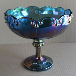 Vintage Blue Depression Carnival Glass Pedestal Bowl - 7.  75in X 8.  5in Unbranded