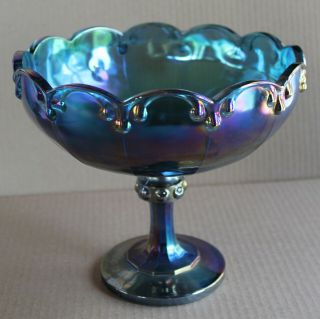 Vintage Blue Depression Carnival Glass Pedestal Bowl - 7.  75in x 8.  5in Unbranded 2
