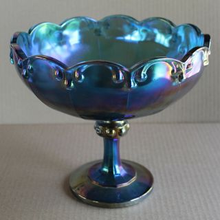 Vintage Blue Depression Carnival Glass Pedestal Bowl - 7.  75in x 8.  5in Unbranded 3