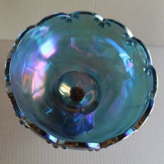 Vintage Blue Depression Carnival Glass Pedestal Bowl - 7.  75in x 8.  5in Unbranded 4