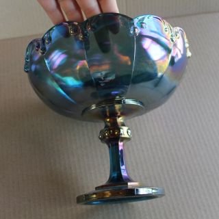 Vintage Blue Depression Carnival Glass Pedestal Bowl - 7.  75in x 8.  5in Unbranded 5