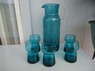 Vintage Retro Scandinavian Teal Blue Drink Set Art Glass Jug & Glasses Eames Era