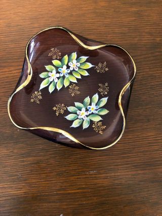 Vintage Amethyst Art Glass Hand Painted Bohemian Trinket Dish Rippled Edge