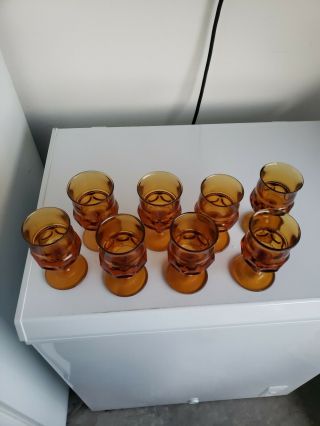 Set Of 8 Vintage Indiana Glass Amber Kings Crown Thumbprint Wine Goblets 5.  75”