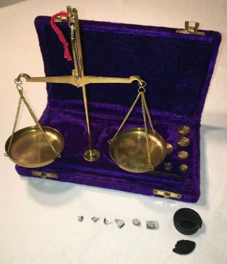 Vintage 16 Piece Brass Balance Scale In Purple Velvet Case Guc Grams India