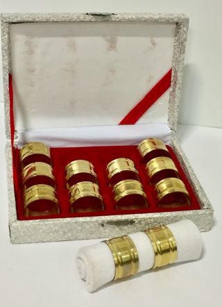 Vintage 12 Piece Set Of Brass Napkin Rings In Red Velvet Wooden Box